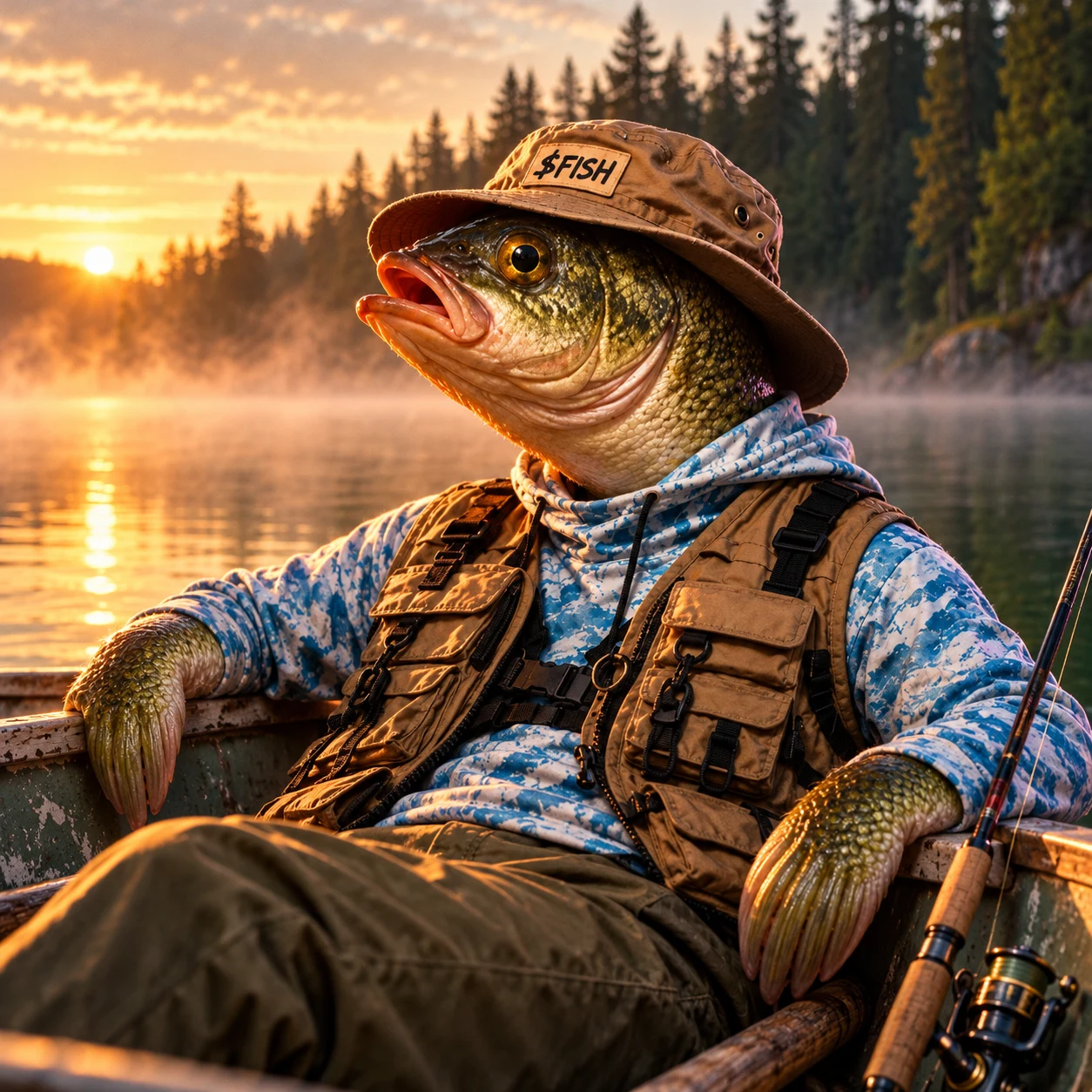 FISH relaxing in a rowboat on a misty lake