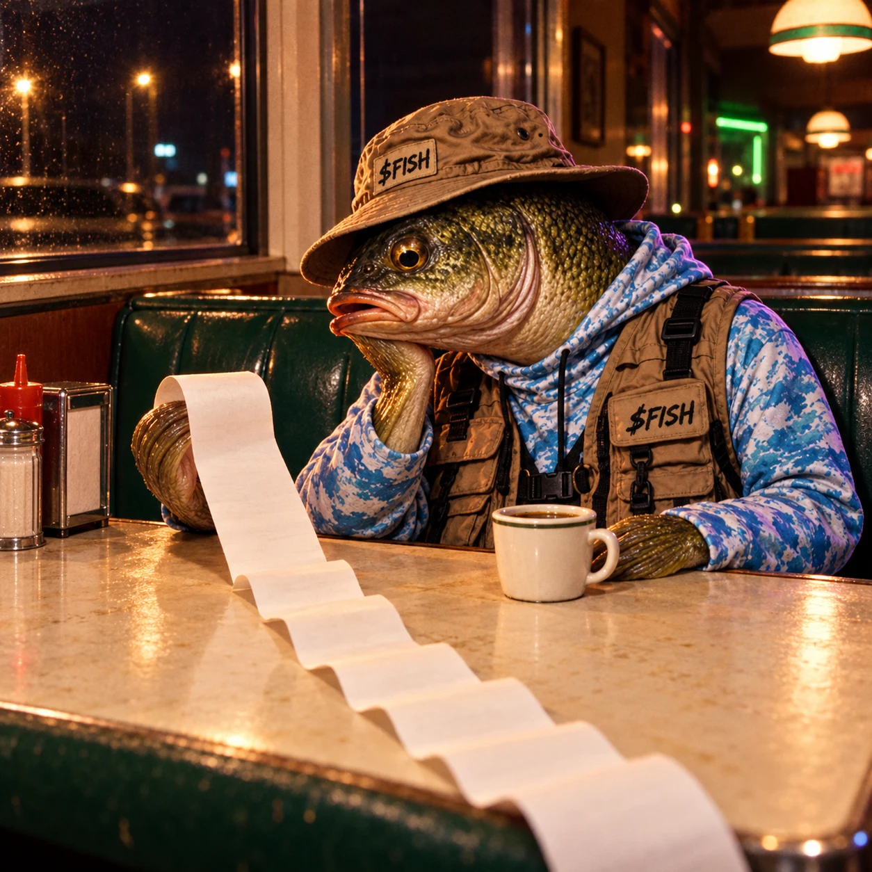 FISH staring at a very long receipt in a late-night diner